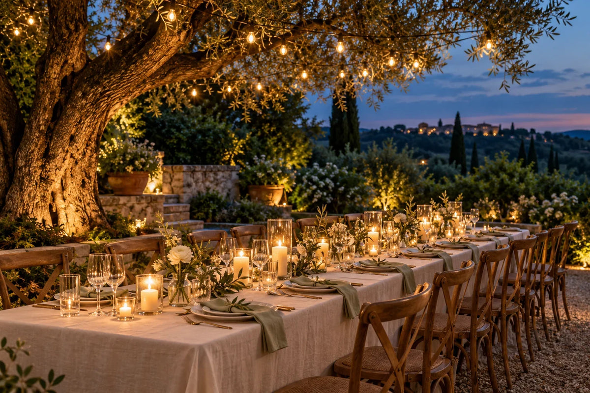 Intimate garden wedding dinner with one long table, simple flowers and warm string lights under a tree