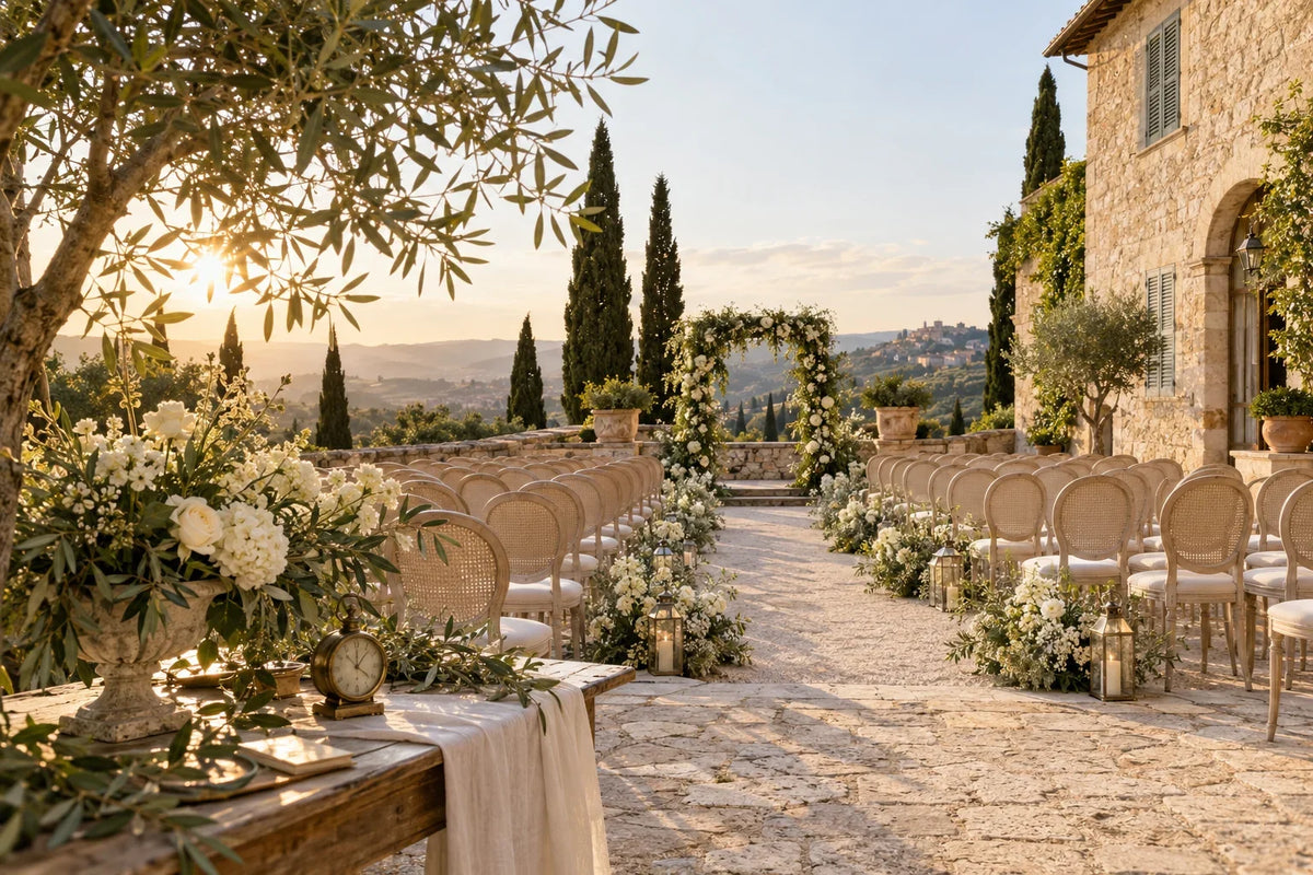 Outdoor wedding ceremony aisle with ivory chairs, white flowers and a stone villa in warm afternoon light