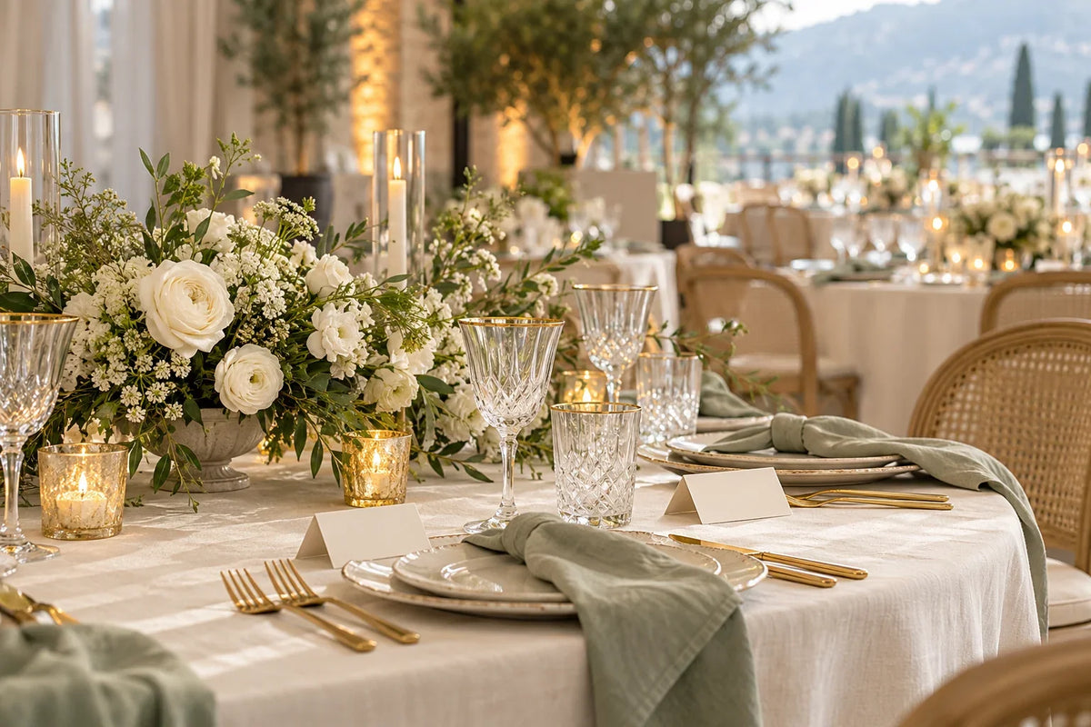 Ivory wedding place cards beside sage napkins, crystal glasses and a low white floral centerpiece