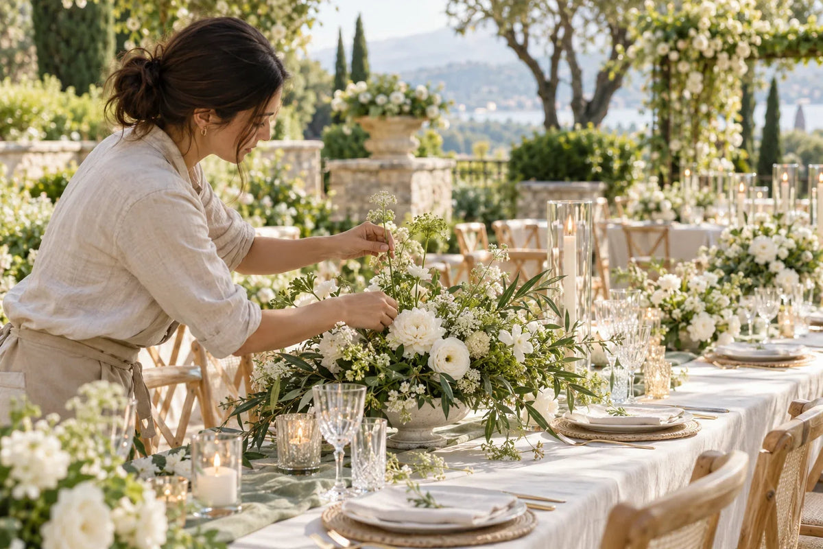 Florist arranging white and green wedding flowers on a garden reception table during setup