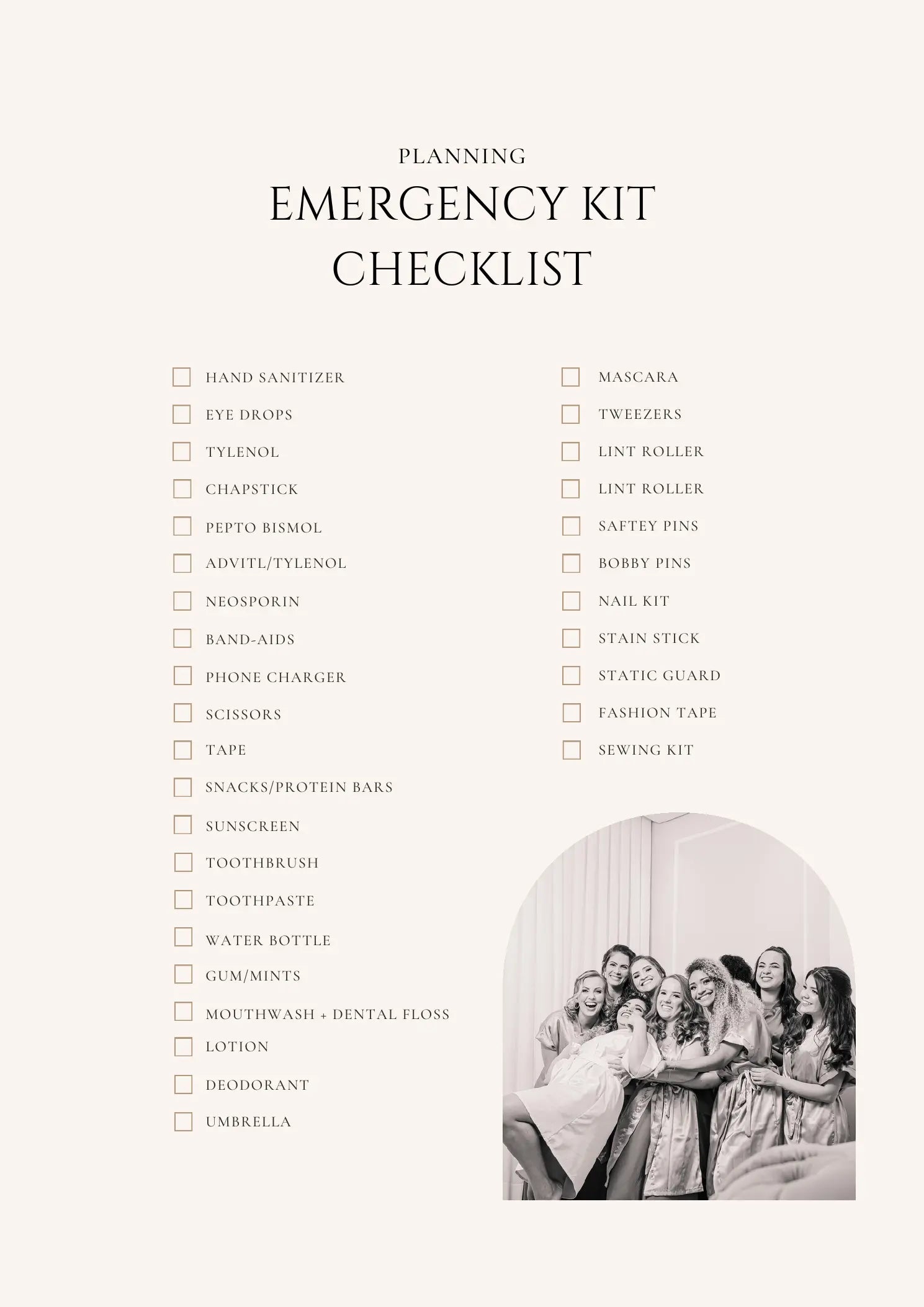 Actual wedding emergency kit checklist page