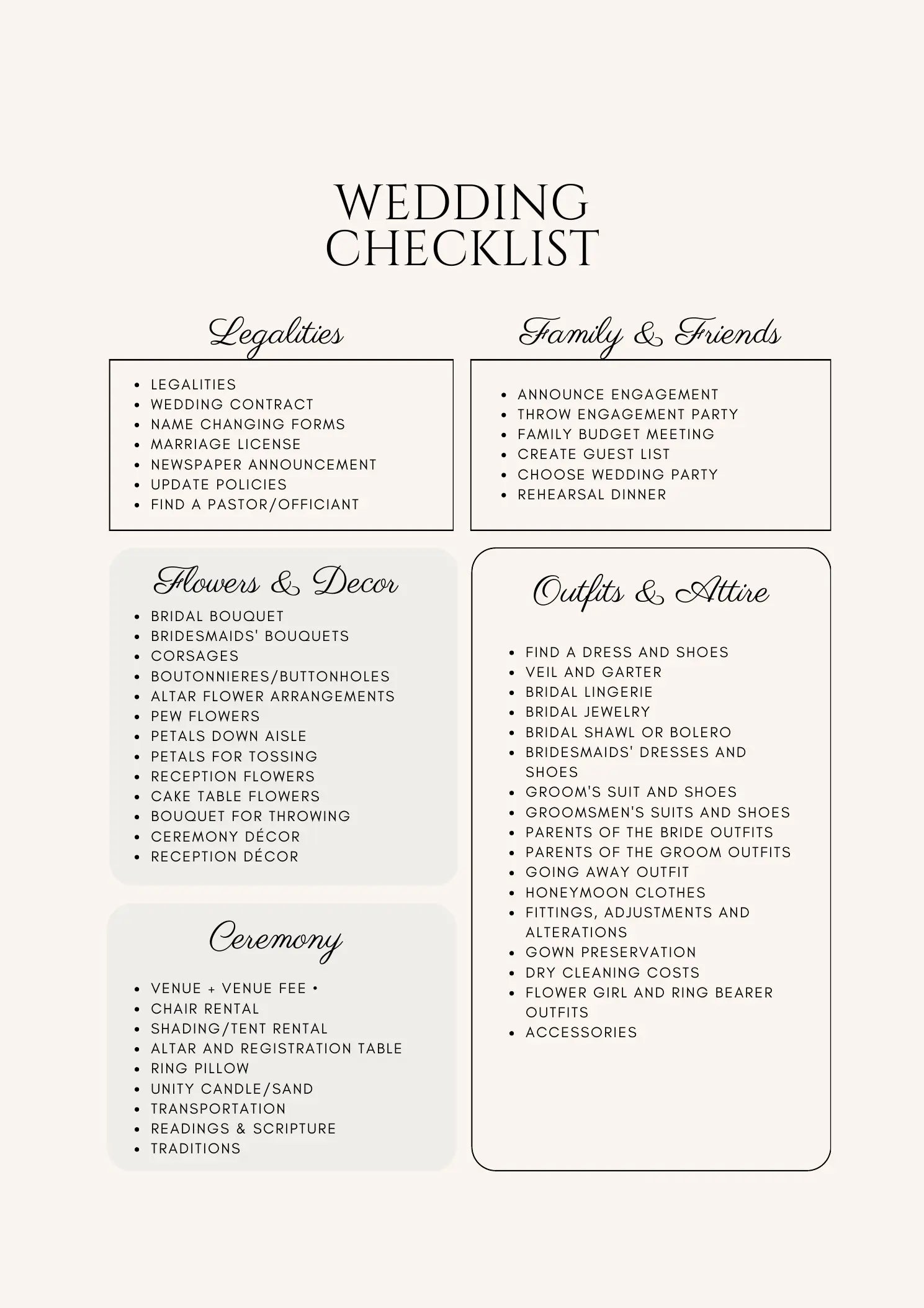 Actual complete wedding checklist page covering legalities, family, flowers, attire and ceremony