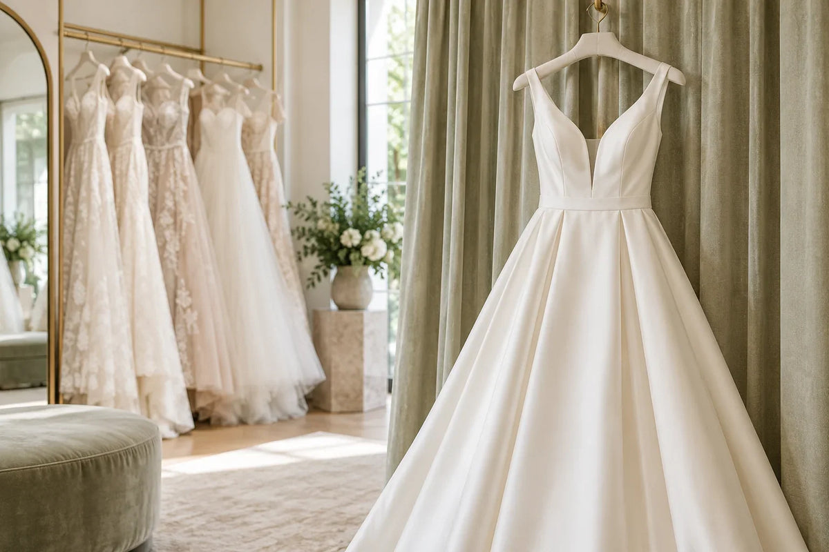 Ivory satin wedding dress hanging in a softly lit bridal boutique beside a rail of gowns