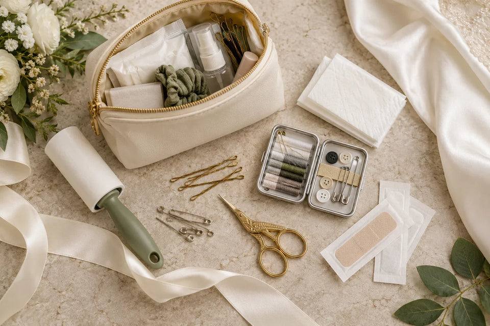 Cream wedding-day pouch with sewing supplies, tissues, hair pins, lint roller and plain bandage wrappers on pale stone
