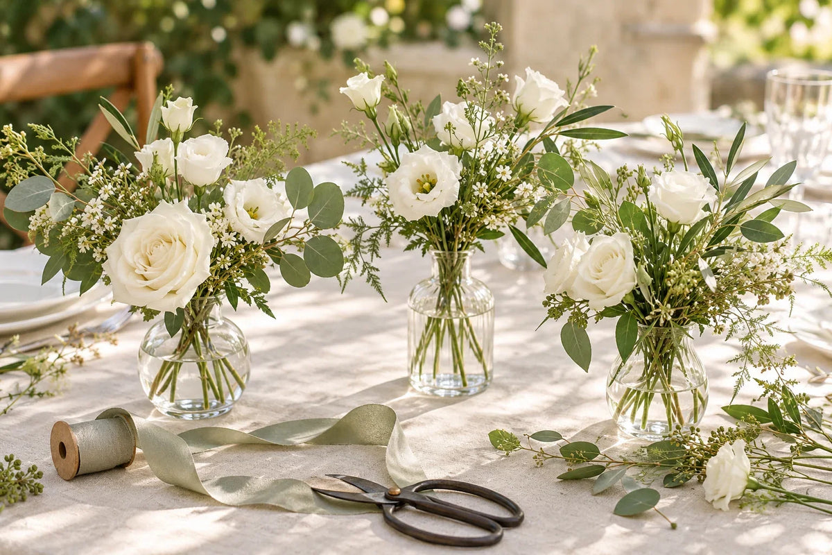 White roses and lisianthus with green foliage in simple clear bud vases on an ivory linen table