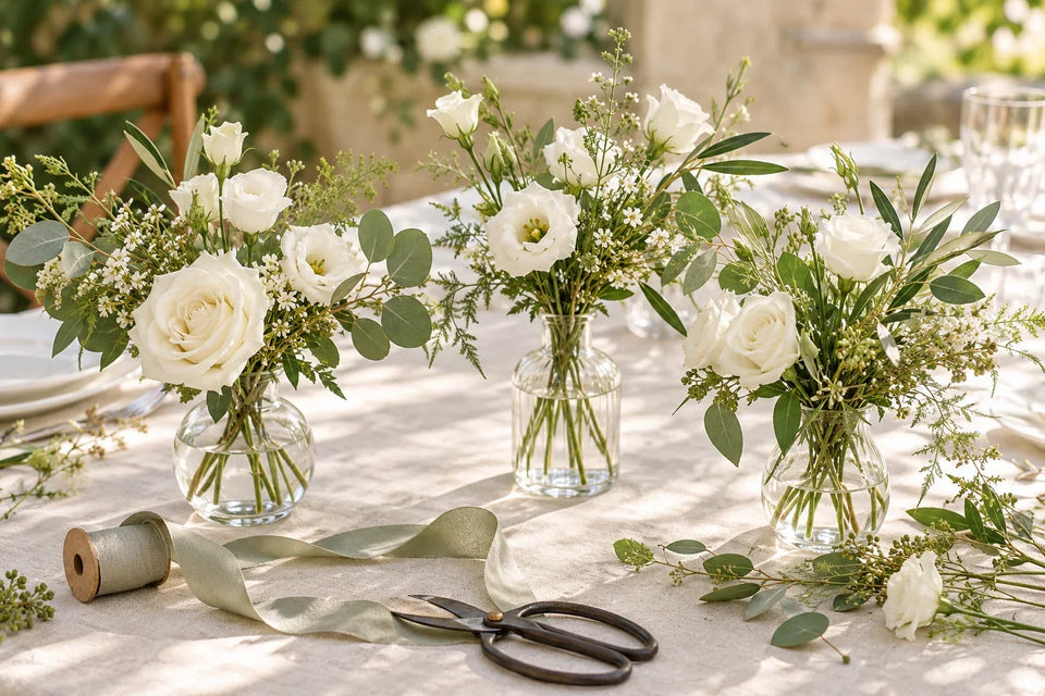White roses and lisianthus with green foliage in simple clear bud vases on an ivory linen table