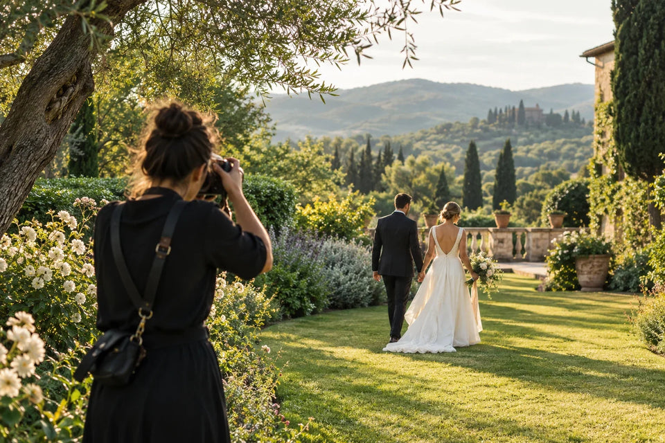 Wedding photographer photographing a newlywed couple walking together through a sunlit garden
