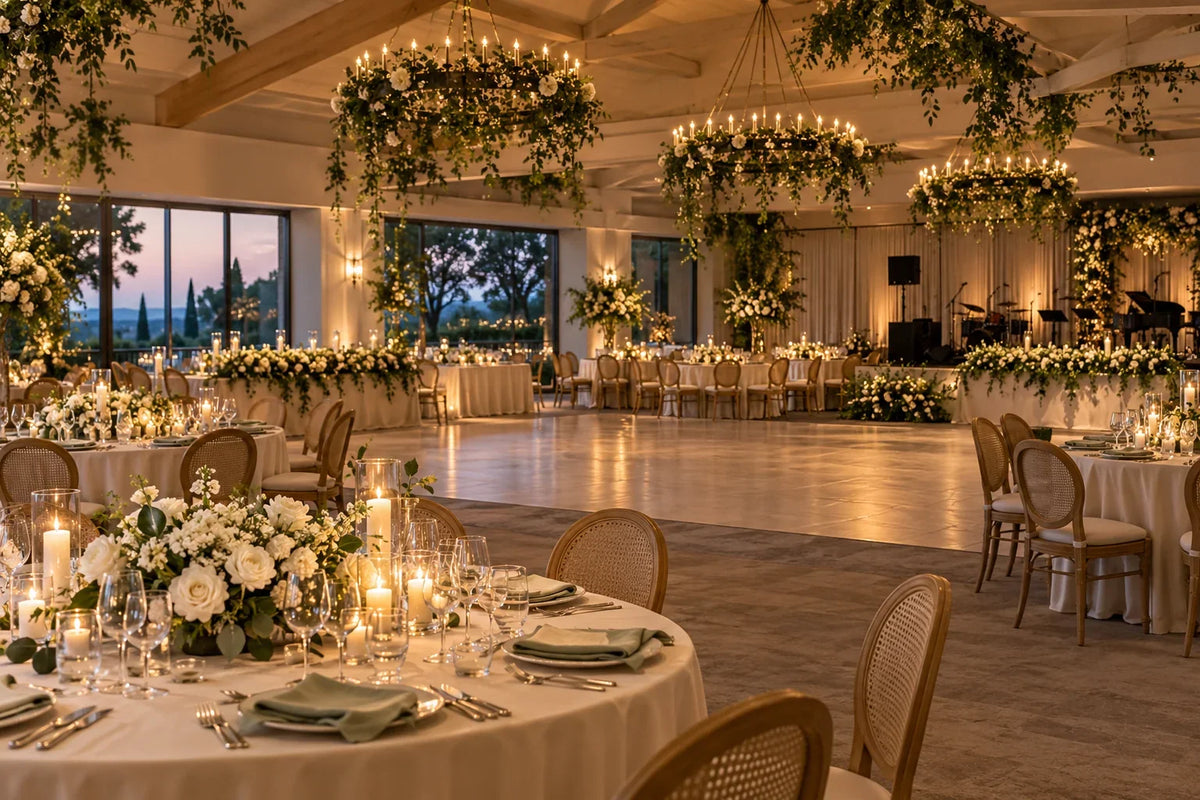 Wedding reception room with ivory dining tables, low flowers and glass candle holders around a central dance floor