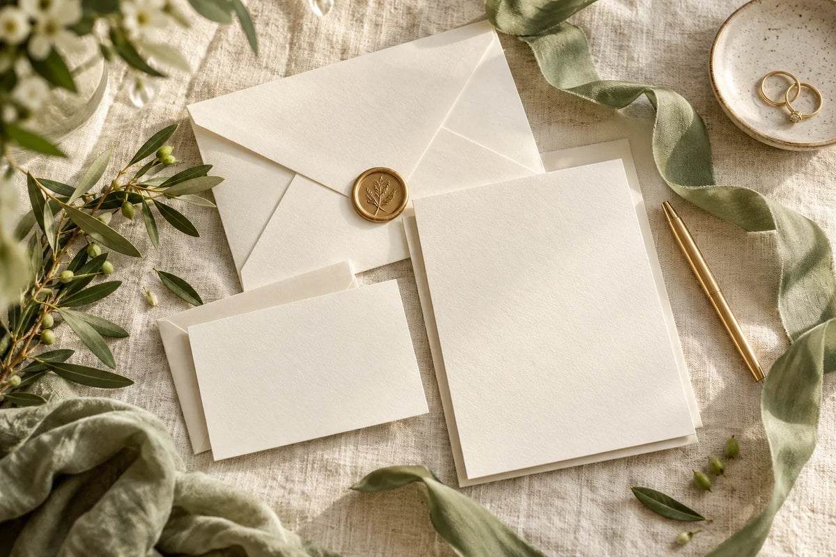 Ivory wedding invitation envelopes and blank RSVP cards with sage ribbon and a gold pen on linen