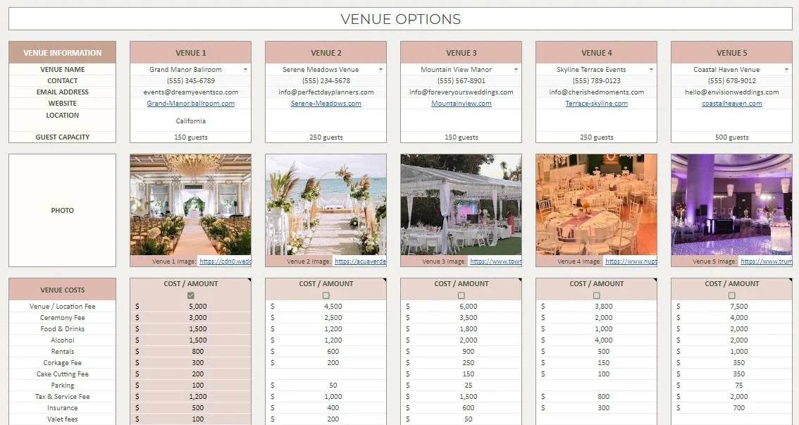AisleWedding venue comparison worksheet with guest capacity, included services and cost categories.