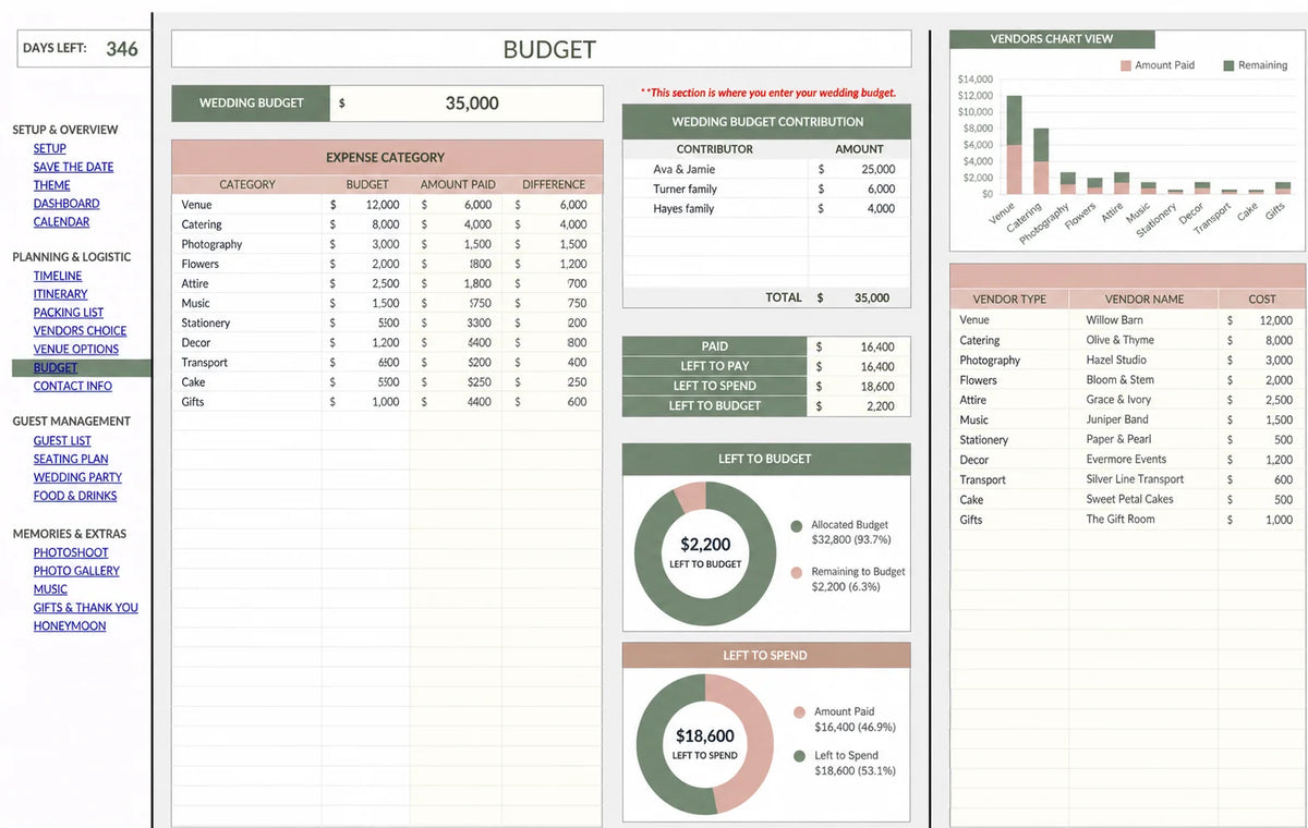 AisleWedding wedding budget spreadsheet showing planned costs, payments and remaining balances.