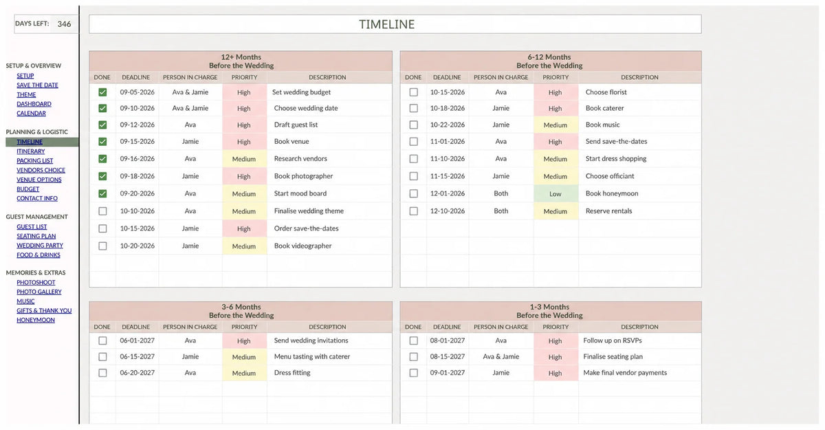 AisleWedding wedding planning timeline with task deadlines and people responsible.