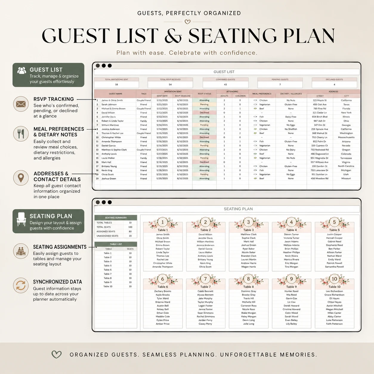 Guest list and seating plan