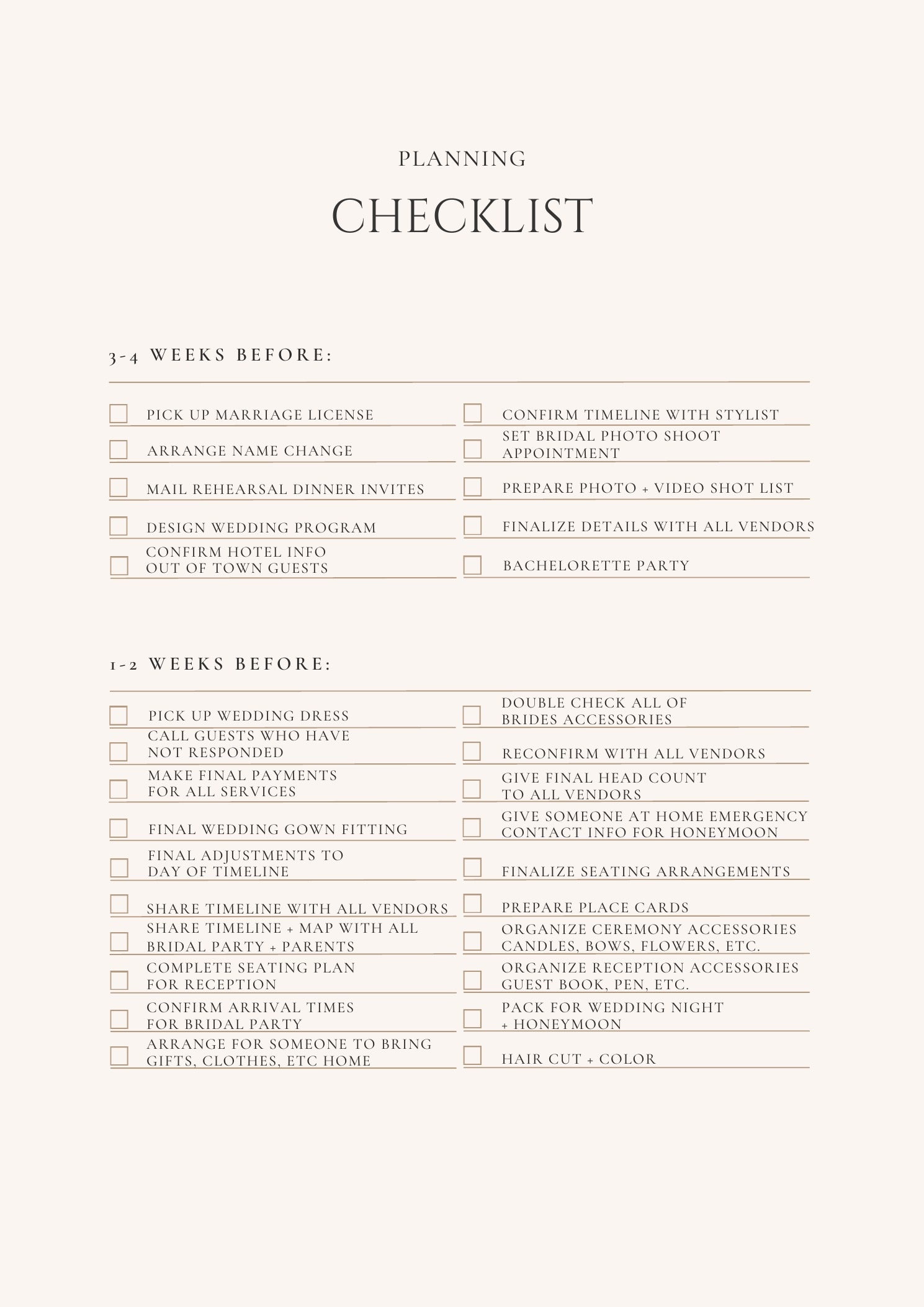 Final weeks wedding checklist