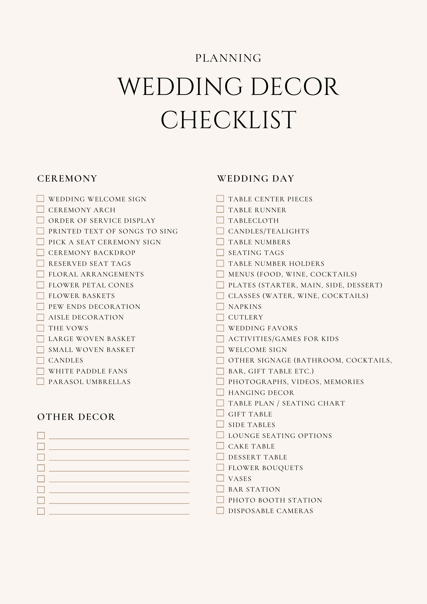 Wedding decor checklist