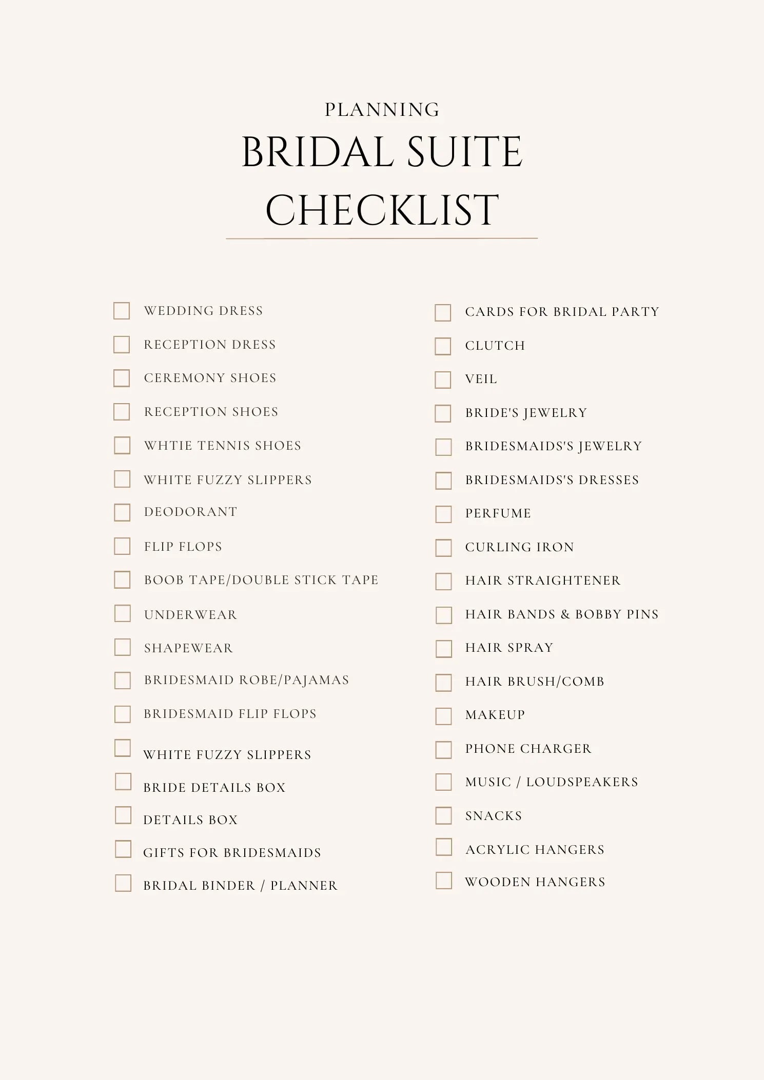 Actual bridal suite checklist page