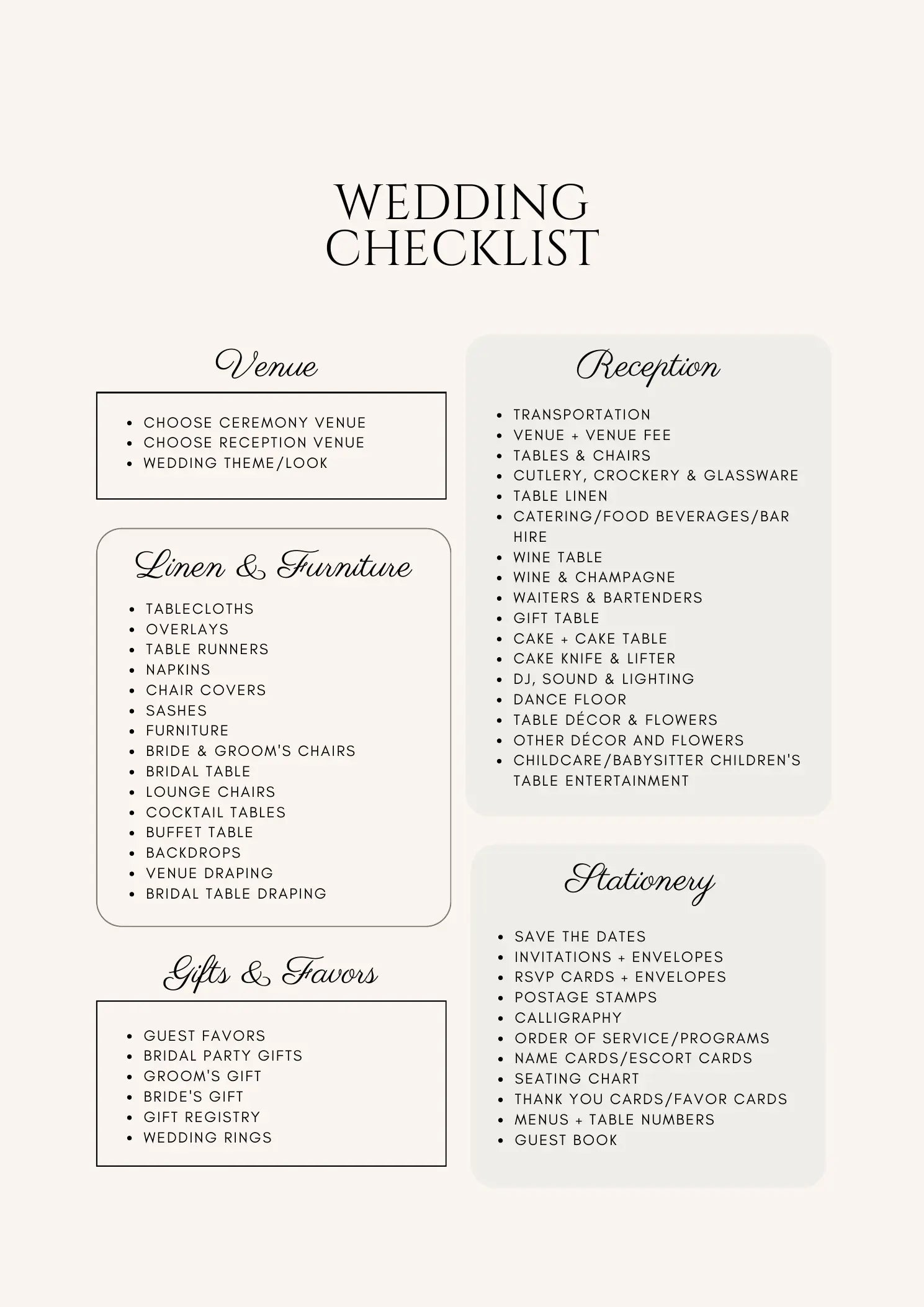 Actual complete wedding checklist page covering venues, reception, stationery and gifts