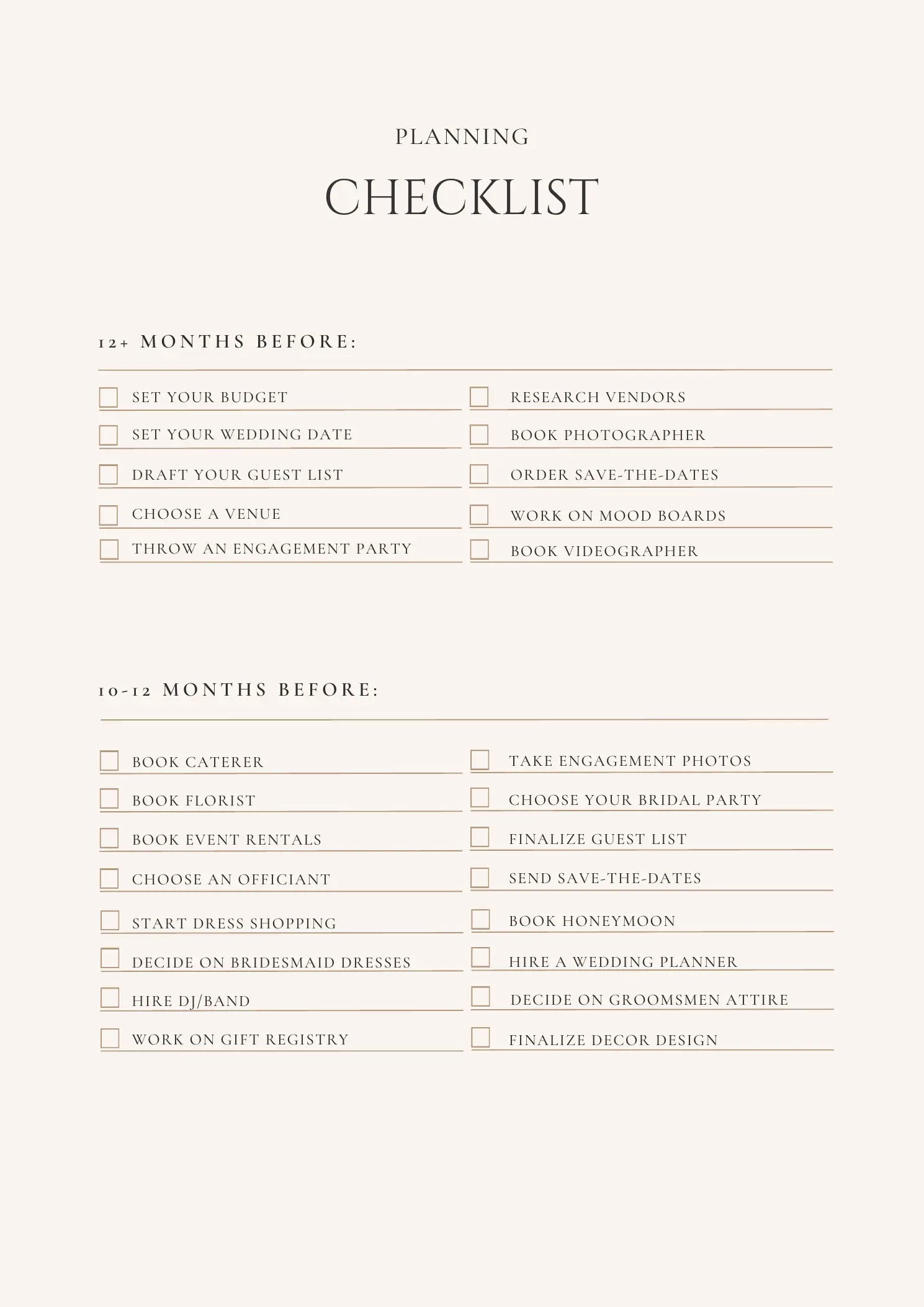 Actual 12-month wedding planning checklist page