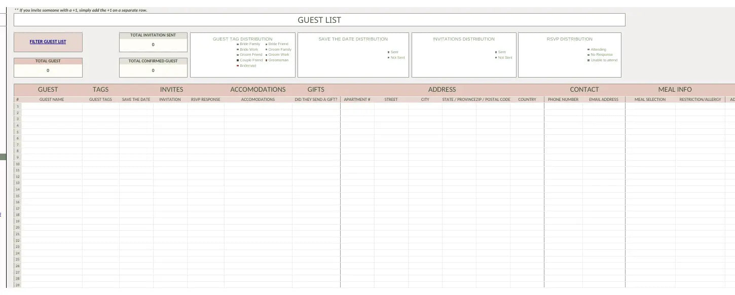 Actual wedding guest list worksheet