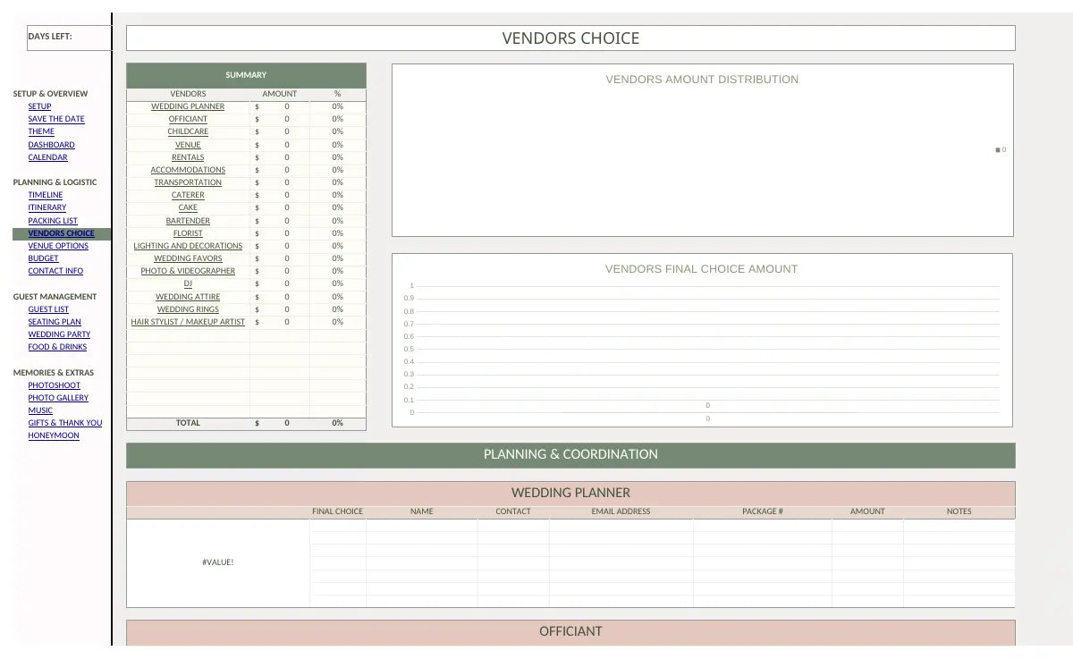 Actual wedding vendor comparison worksheet